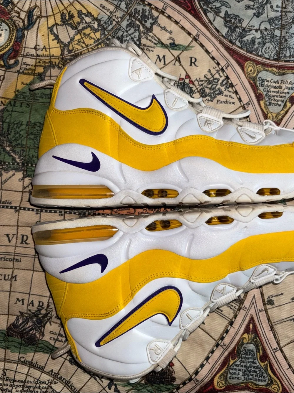Nike  White and Yellow High-Top Sneakers with Purple Swoosh